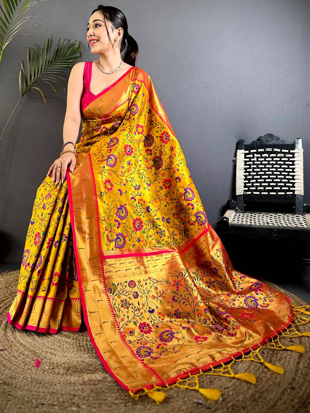Yellow Minakari Weave Soft Paithani Saree