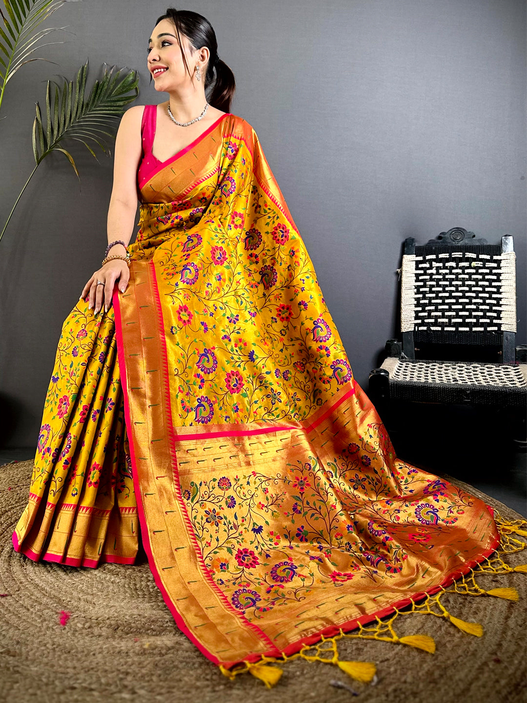 Yellow Minakari Weave Soft Paithani Saree