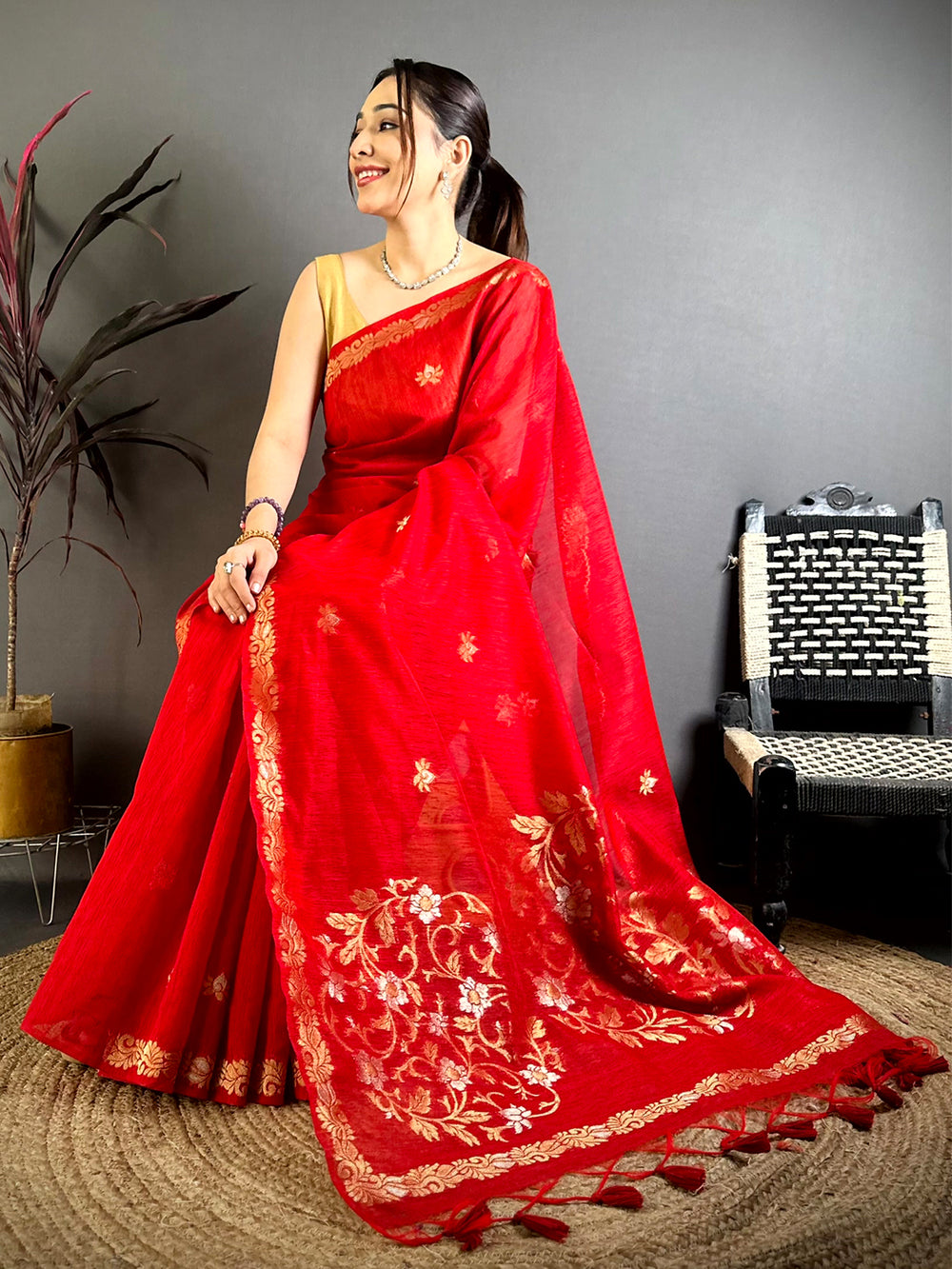 Red Sona Chandi Muga Cotton Saree