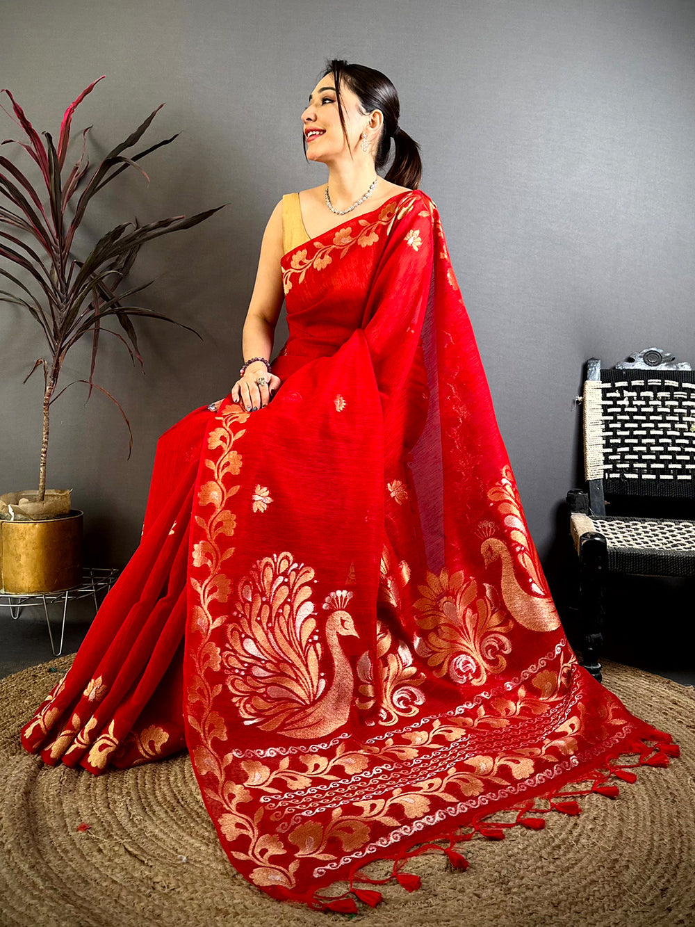 Red Peacock Zari Munga Saree