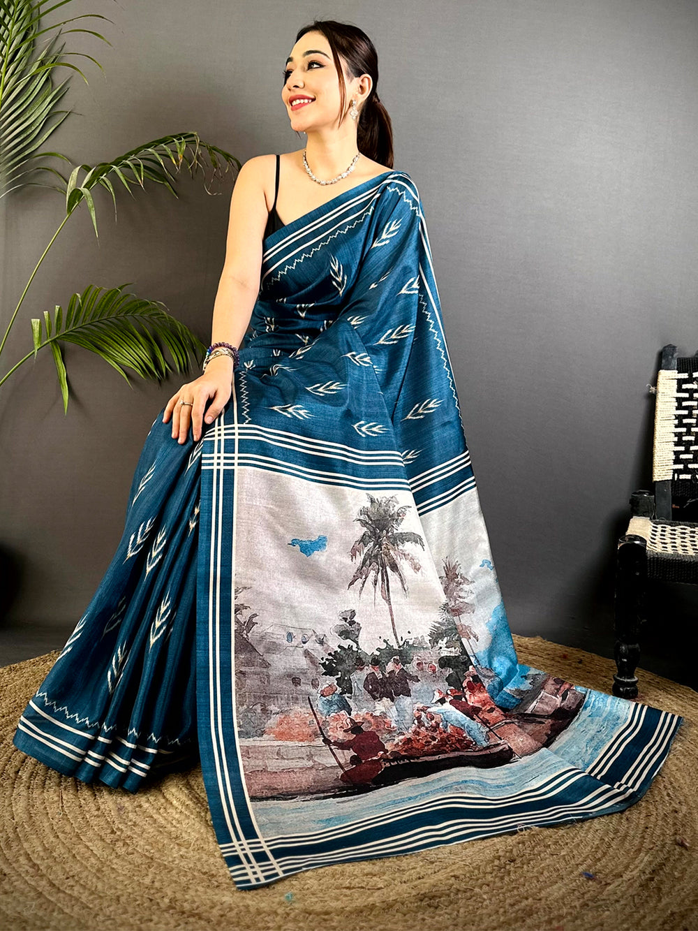 Elegant Navy Bold Ikkat Tussar Saree