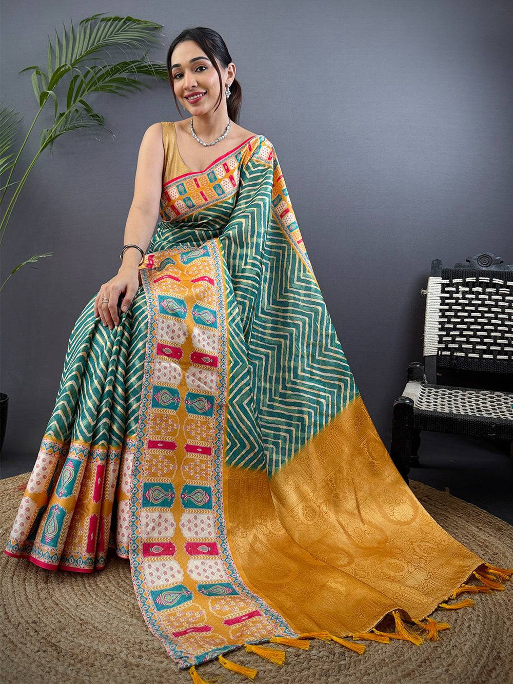 Teal Green Madhubani Print Soft Silk Saree