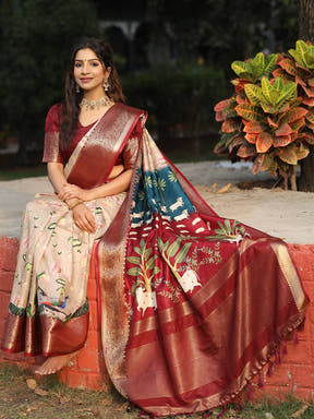 Viscose Dola Silk Beige Saree with Floral and Pichwai Print