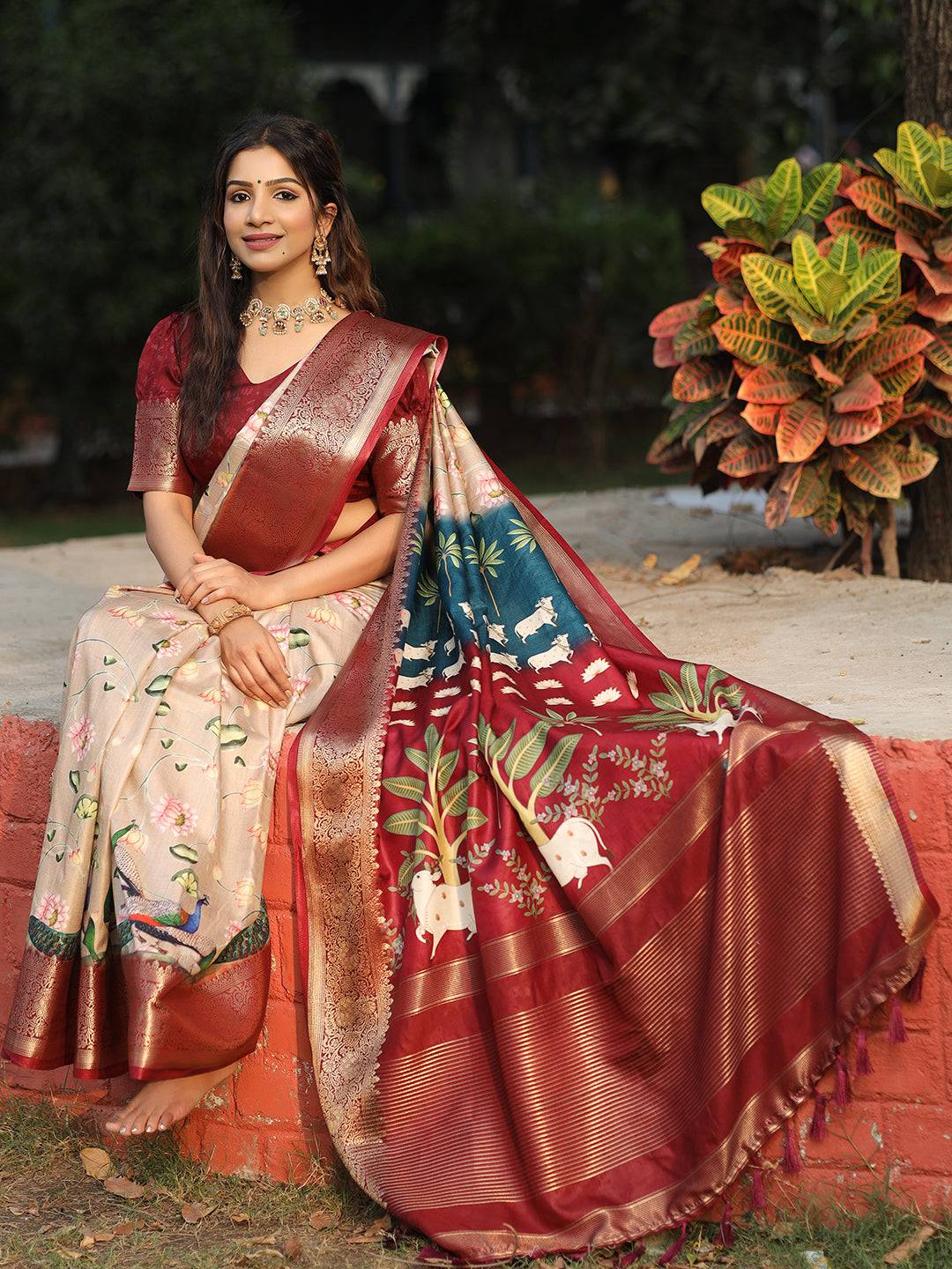 Viscose Dola Silk Beige Saree with Floral and Pichwai Print