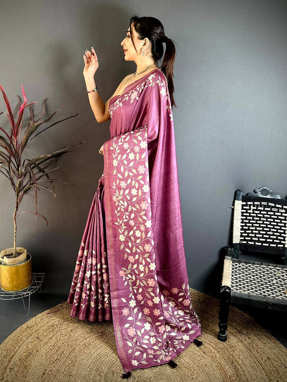 Mauve Tussar Ghicha Digital Print Saree