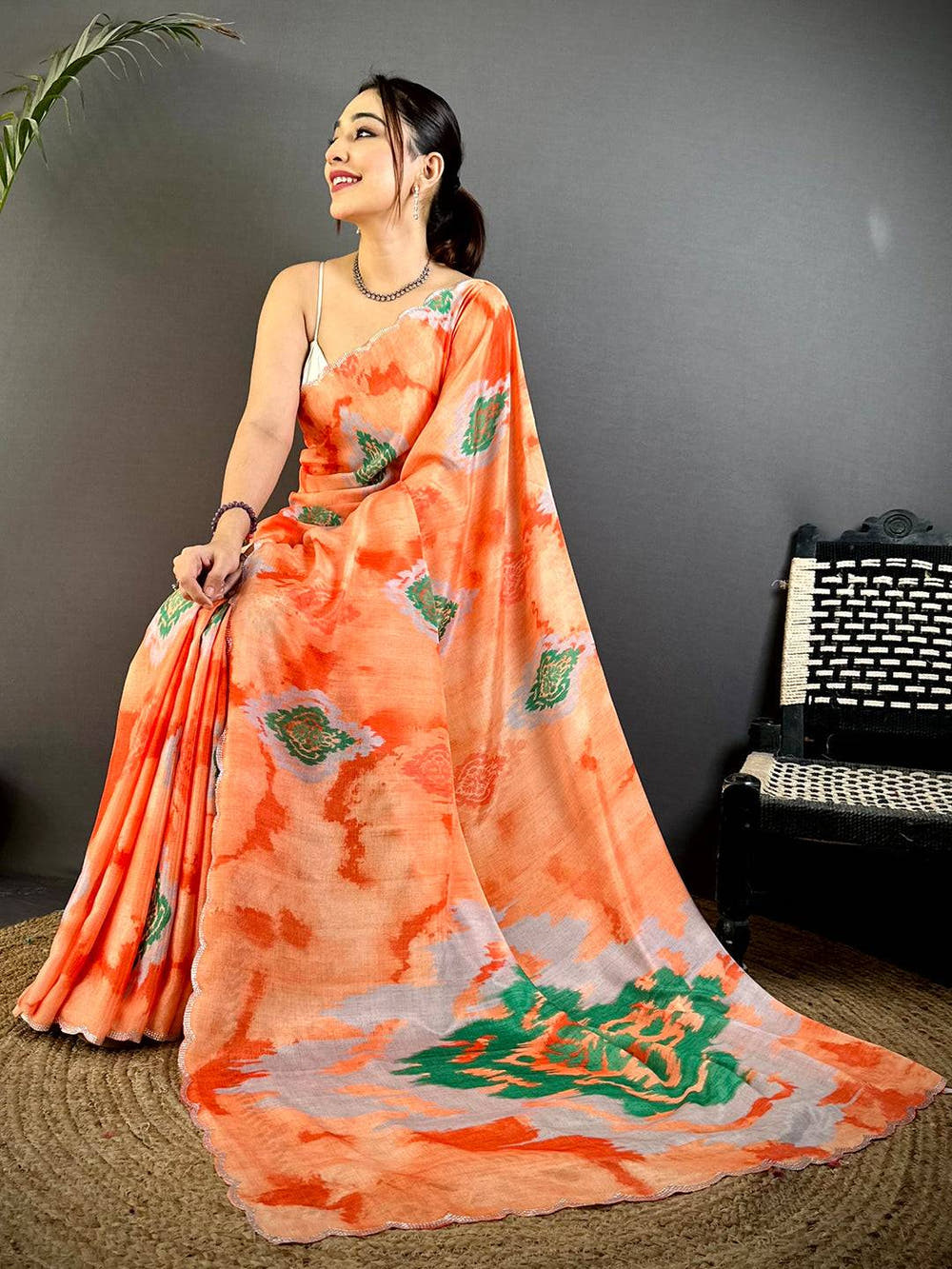 Stylish Stone Work Chinnon Floral Saree
