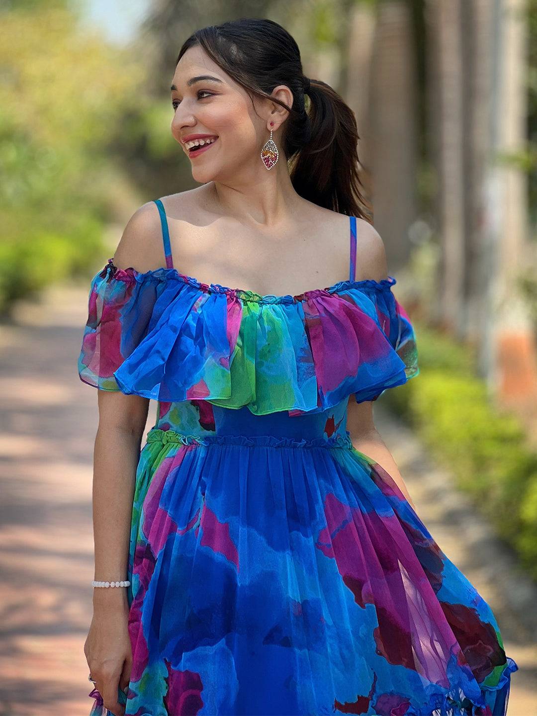 Close-up of Persian Blue Abstract Print Dress with ruffles