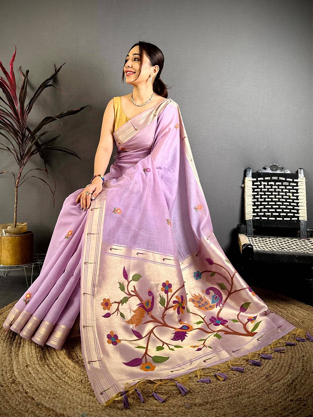 Lavender Sunflower Minakari Khadi Saree