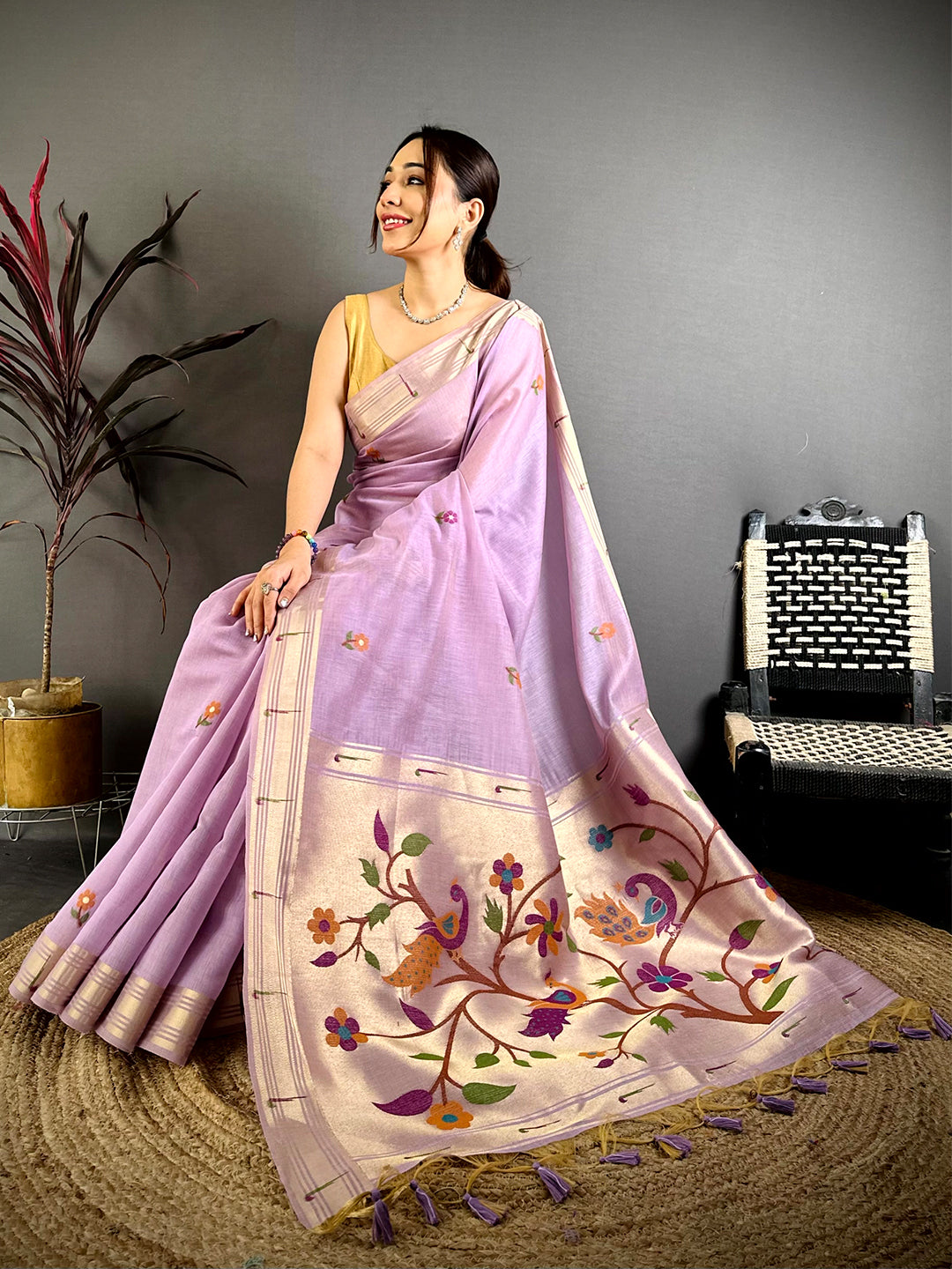 Lavender Sunflower Minakari Khadi Saree