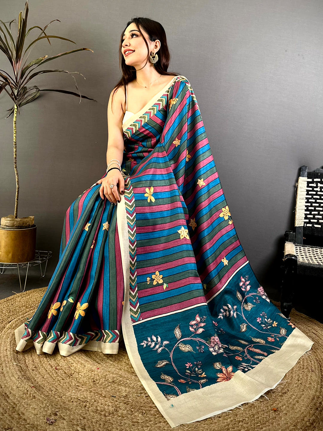 Elegant Tussar Striped Floral Print Saree