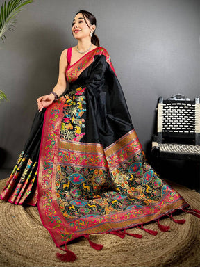 Black Soft Semi Silk Minakari Weave Saree


