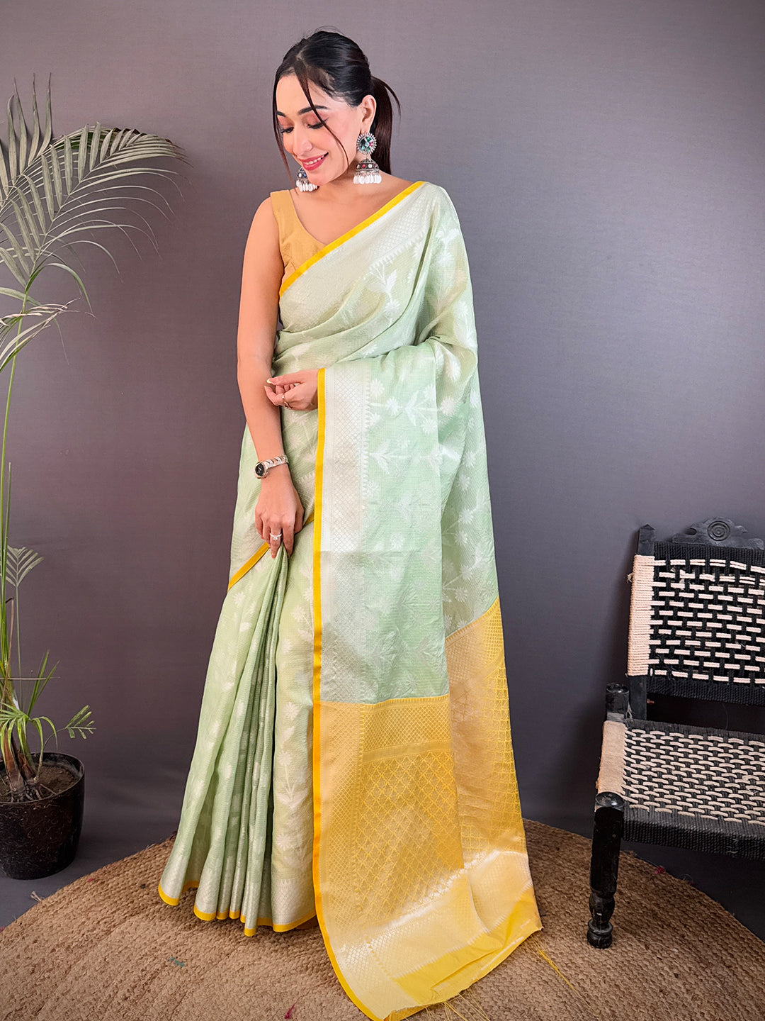 Pastel Green Kota Kora Meenakari Saree