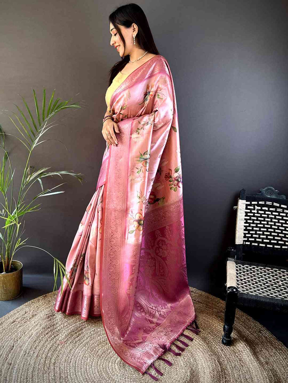 Pink Bamboo Silk Floral Saree