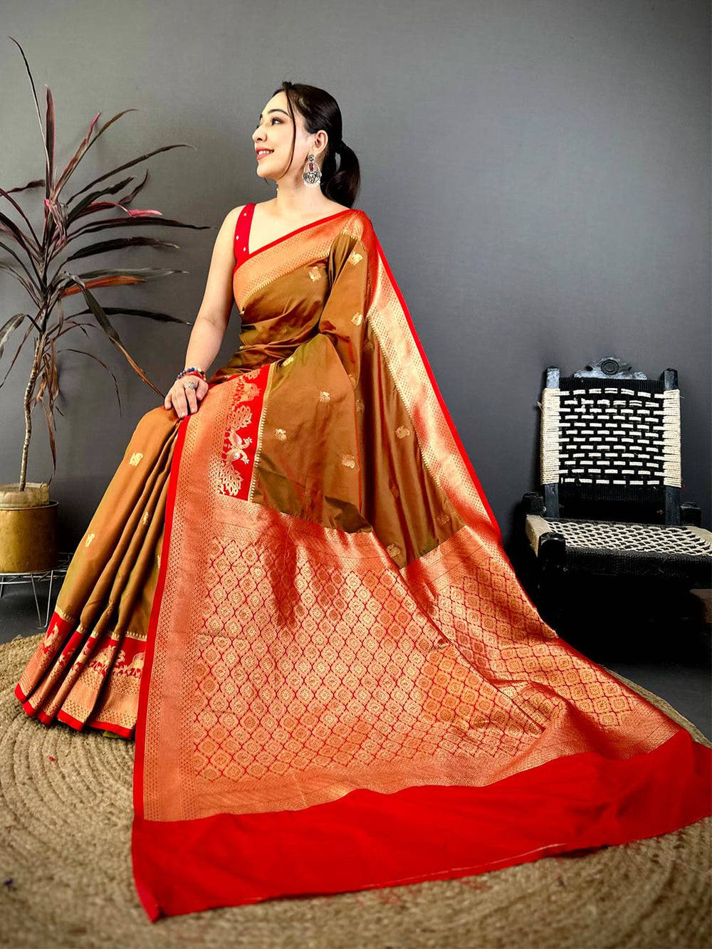 Brown Soft Silk Kanjivaram Saree with intricate gold zari work