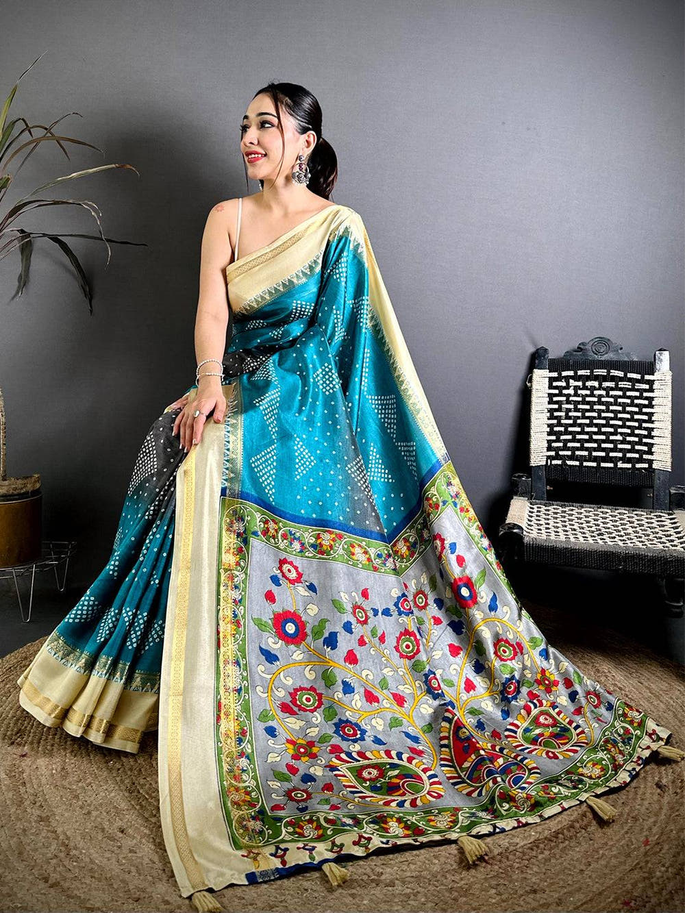 Royal Kalamkari Pallu Bandhej Print Saree