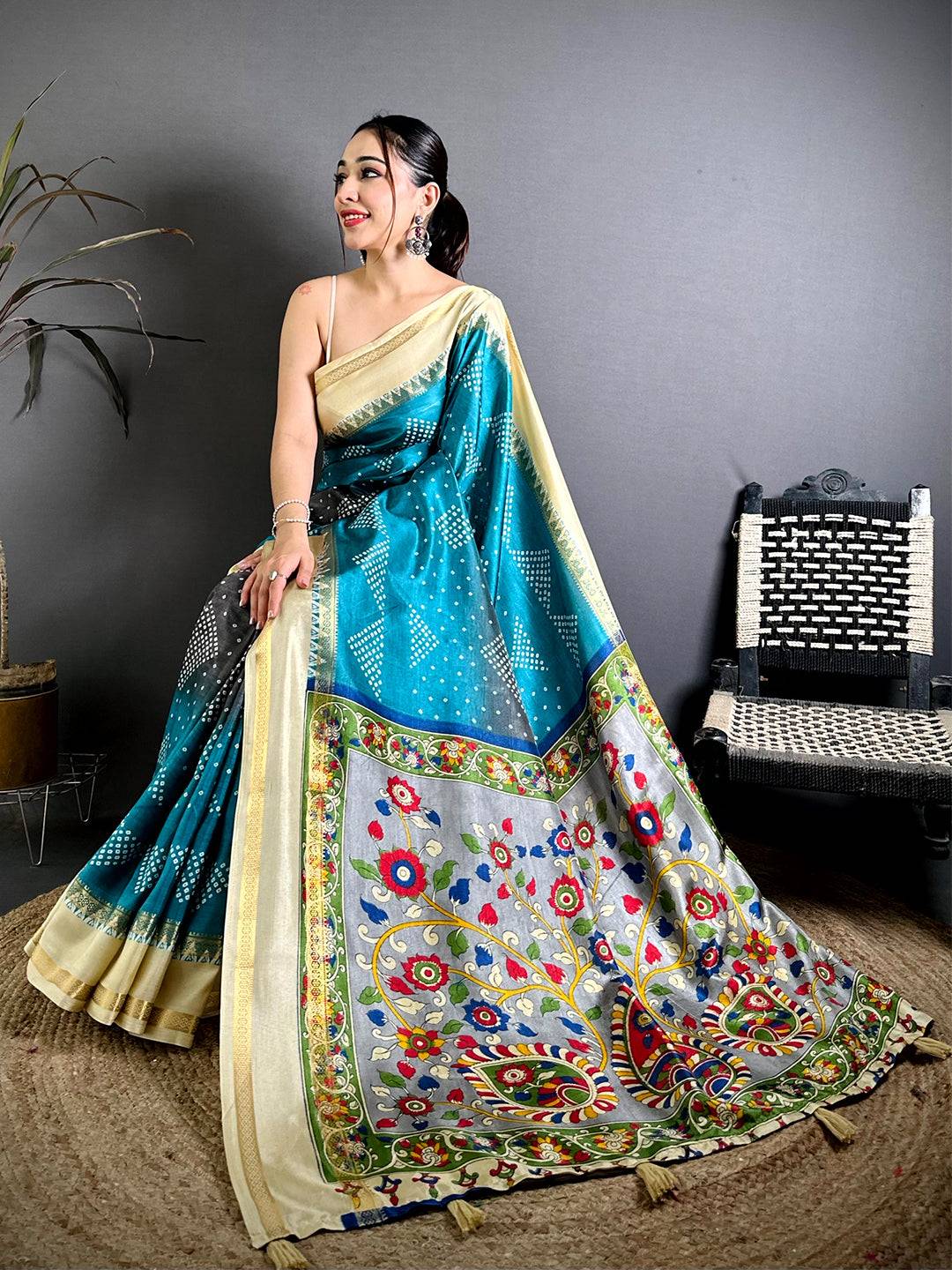 Royal Kalamkari Pallu Bandhej Print Saree