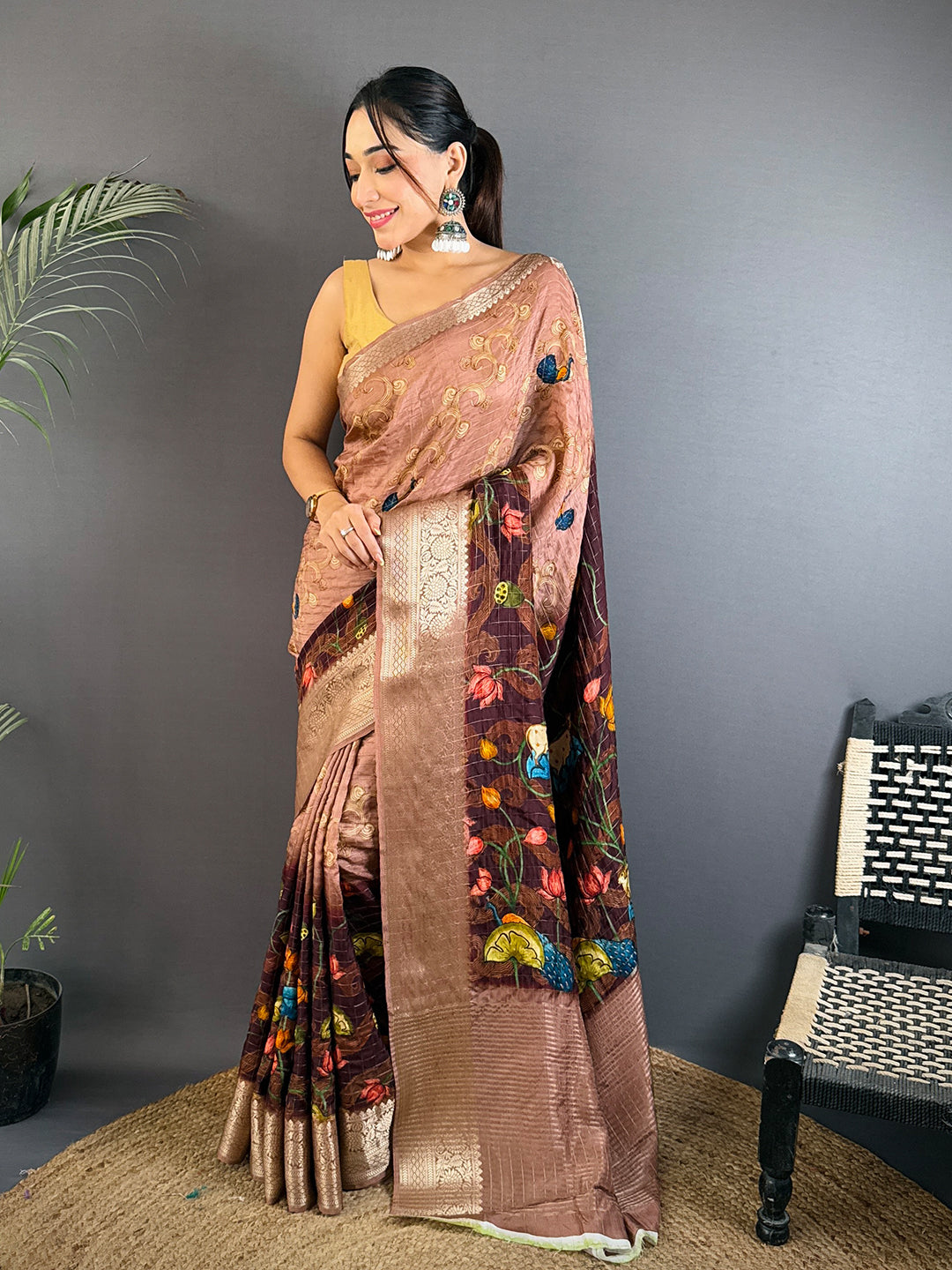 Brown Viscose Kanchi Pattu Border Saree