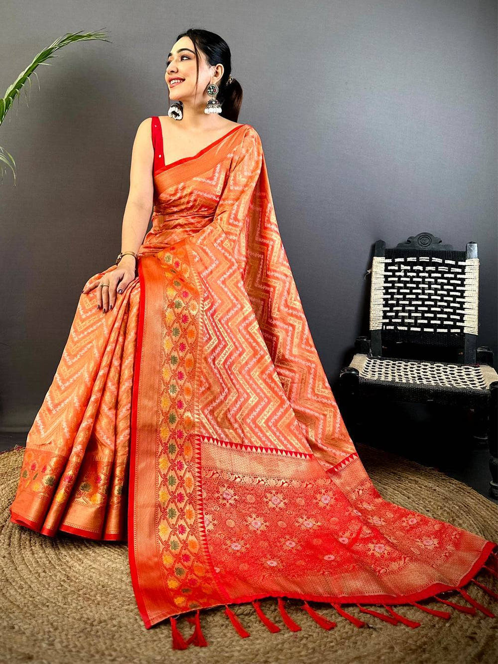 Peach Banarasi Zic Zac Katan Silk Saree

