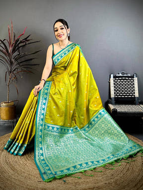 Regal Lime Yellow Gadwal Border Saree