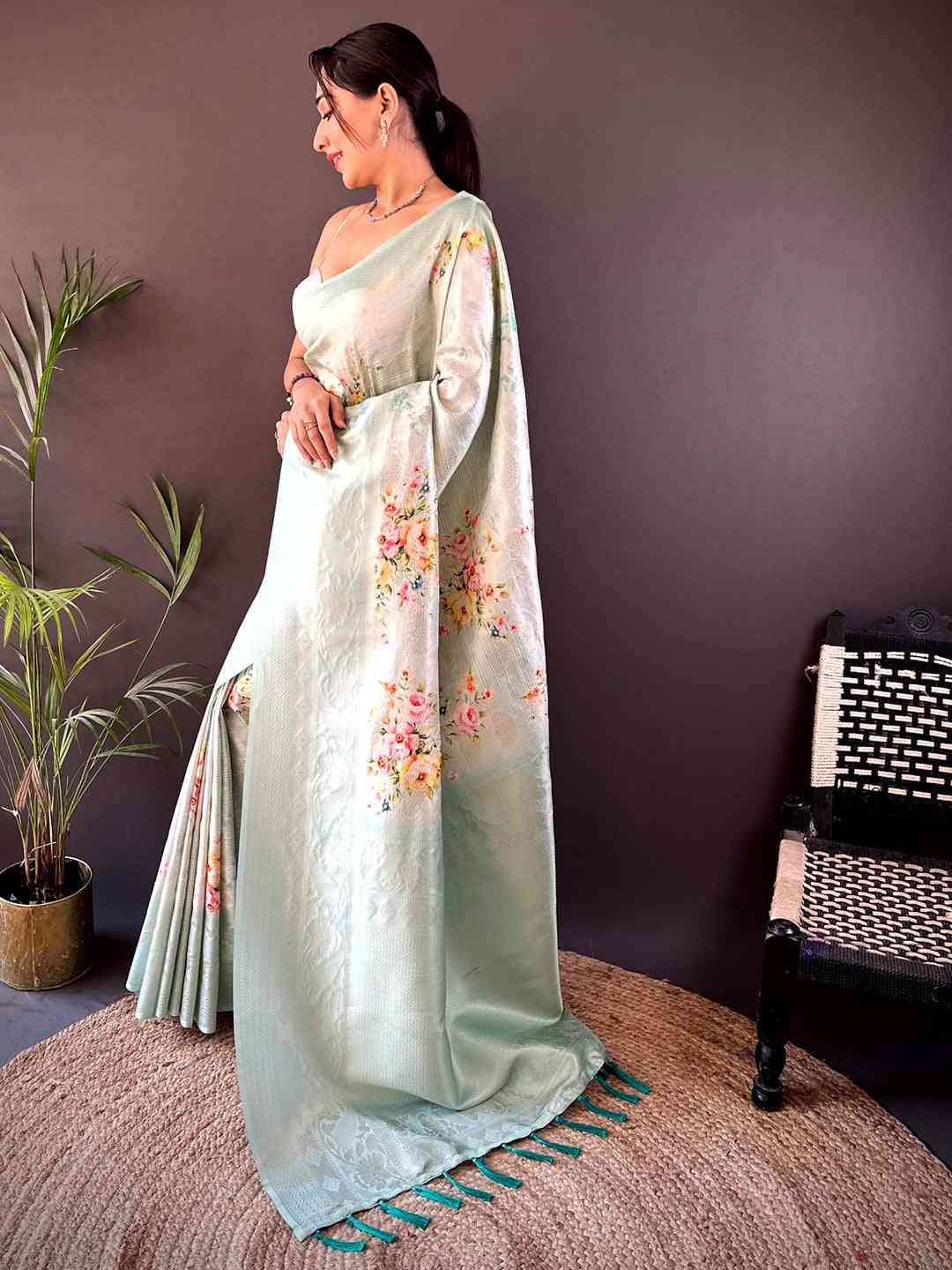 Ethereal Mint Kanjivaram Digital Silk Saree