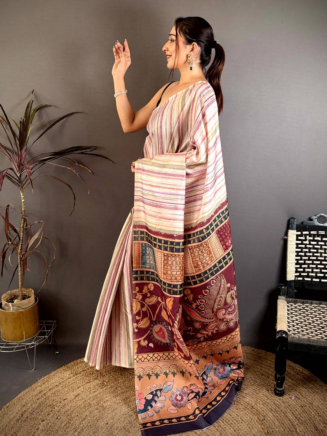 Designer Kalamkari Stripe Pattern Saree