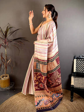 Designer Kalamkari Stripe Pattern Saree