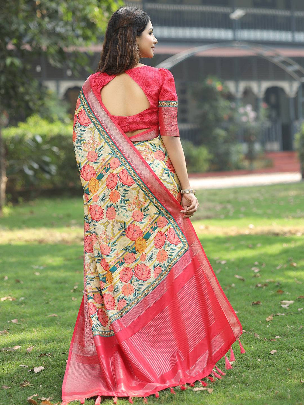 Yellow Colour Phulkari Design Zari Weaving Pallu Saree