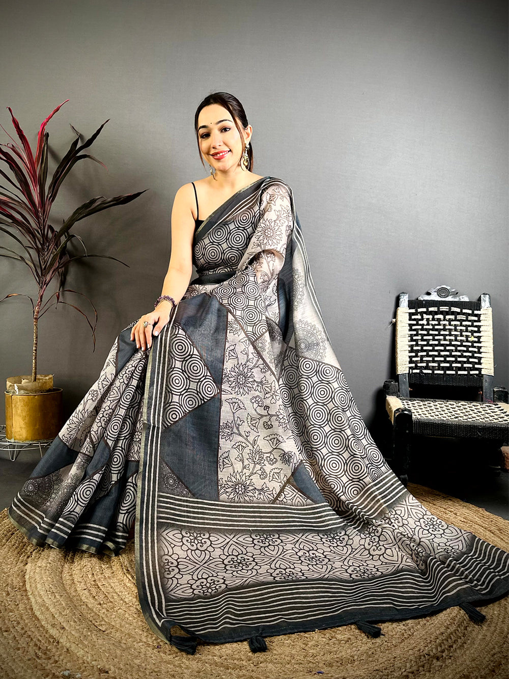 Radiance Ajrakh Print Linen Saree


