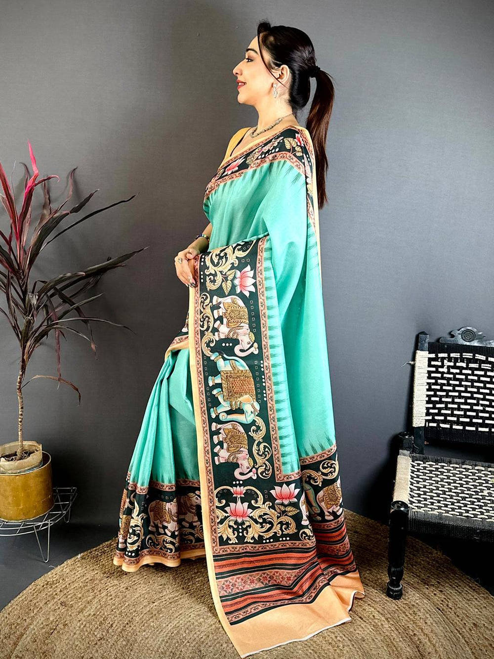 Turquoise Tanjore Elephant Tussar Saree