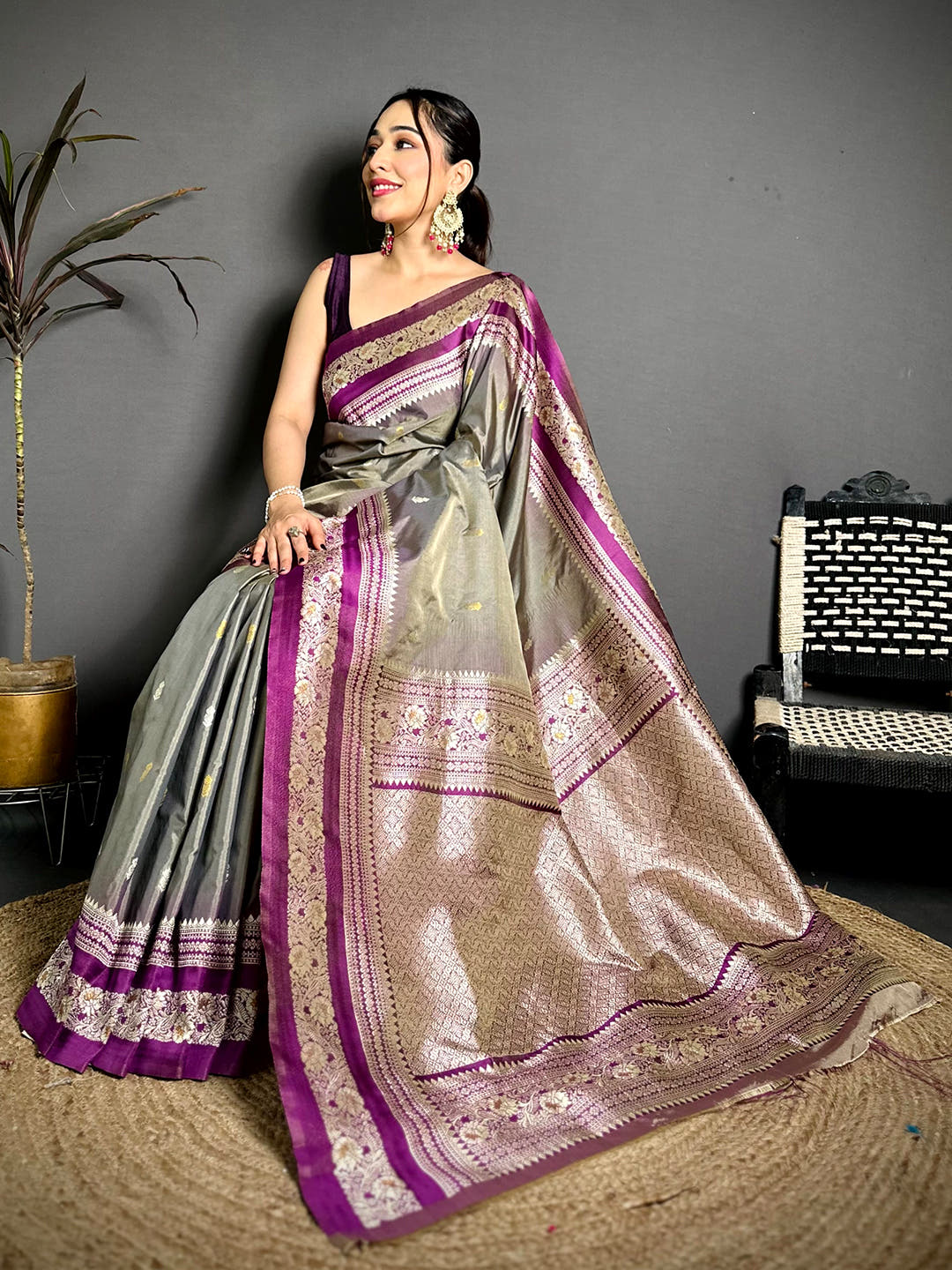 Gold Zari Woven Grey Soft Silk Saree