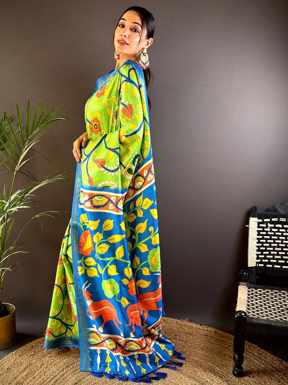 Volt Green Soft Silk Kalamkari Saree
