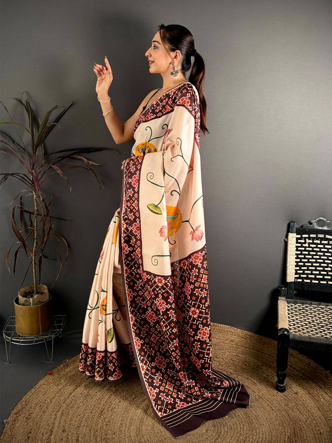 Exclusive Ikkat Pichwai Print Tussar Saree