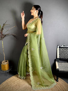 Green Pearl Zarkhond Chiffon Tissue Saree