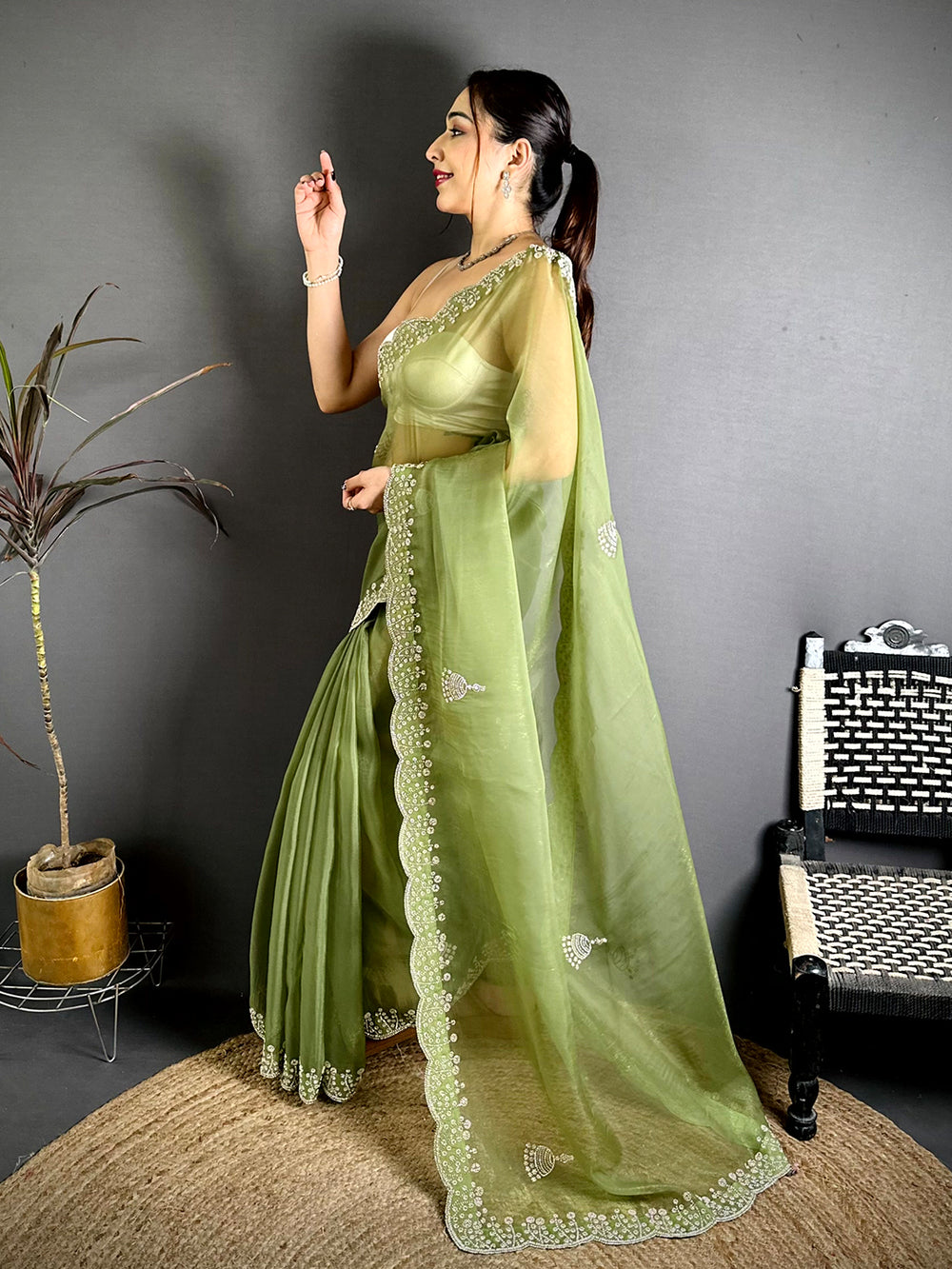 Green Pearl Zarkhond Chiffon Tissue Saree