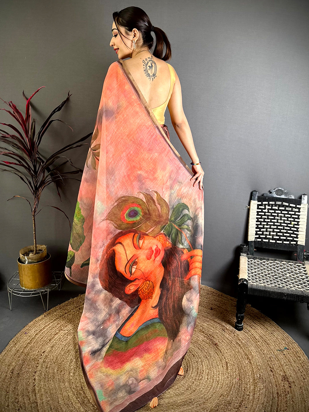 Peach Pen Kalamkari Linen Saree