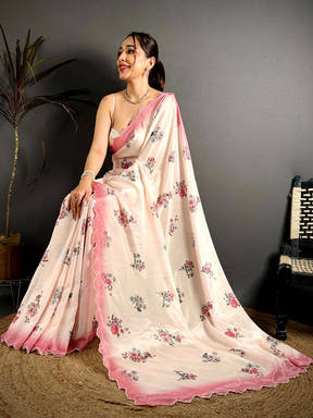 Cream Chinnon Embroidered Border Saree