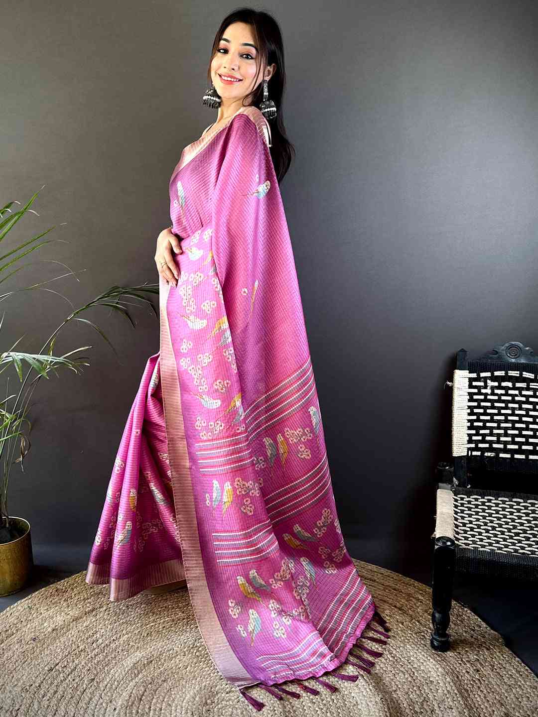 Pink Chanderi Check Sparrow Print Saree