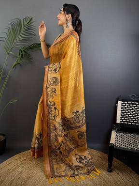 Mustard Linen Kalamkari Printed Saree
