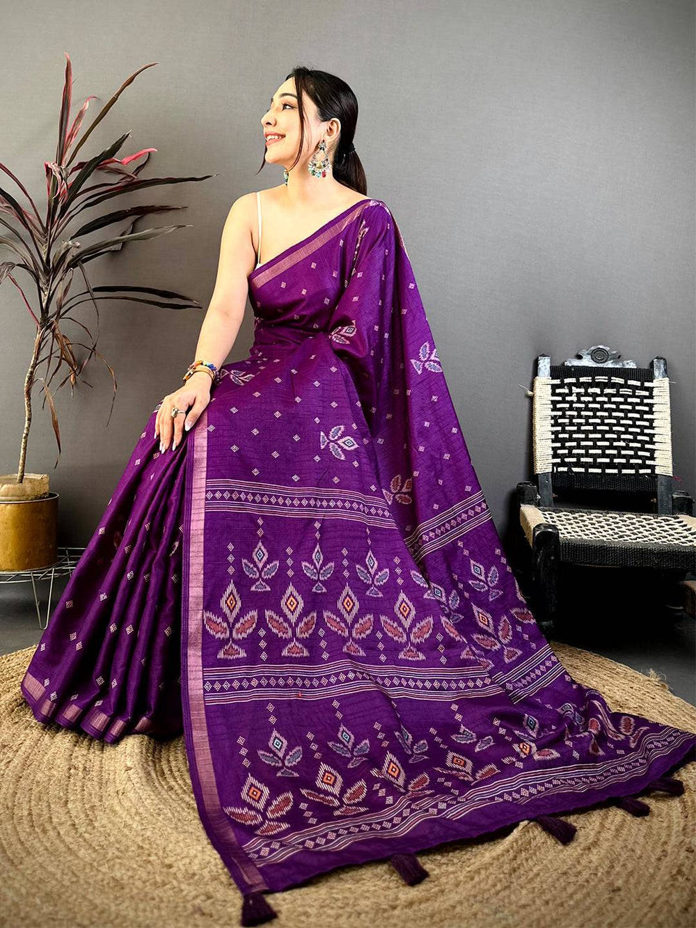 Purple Tussar Ghicha Weave Print Saree