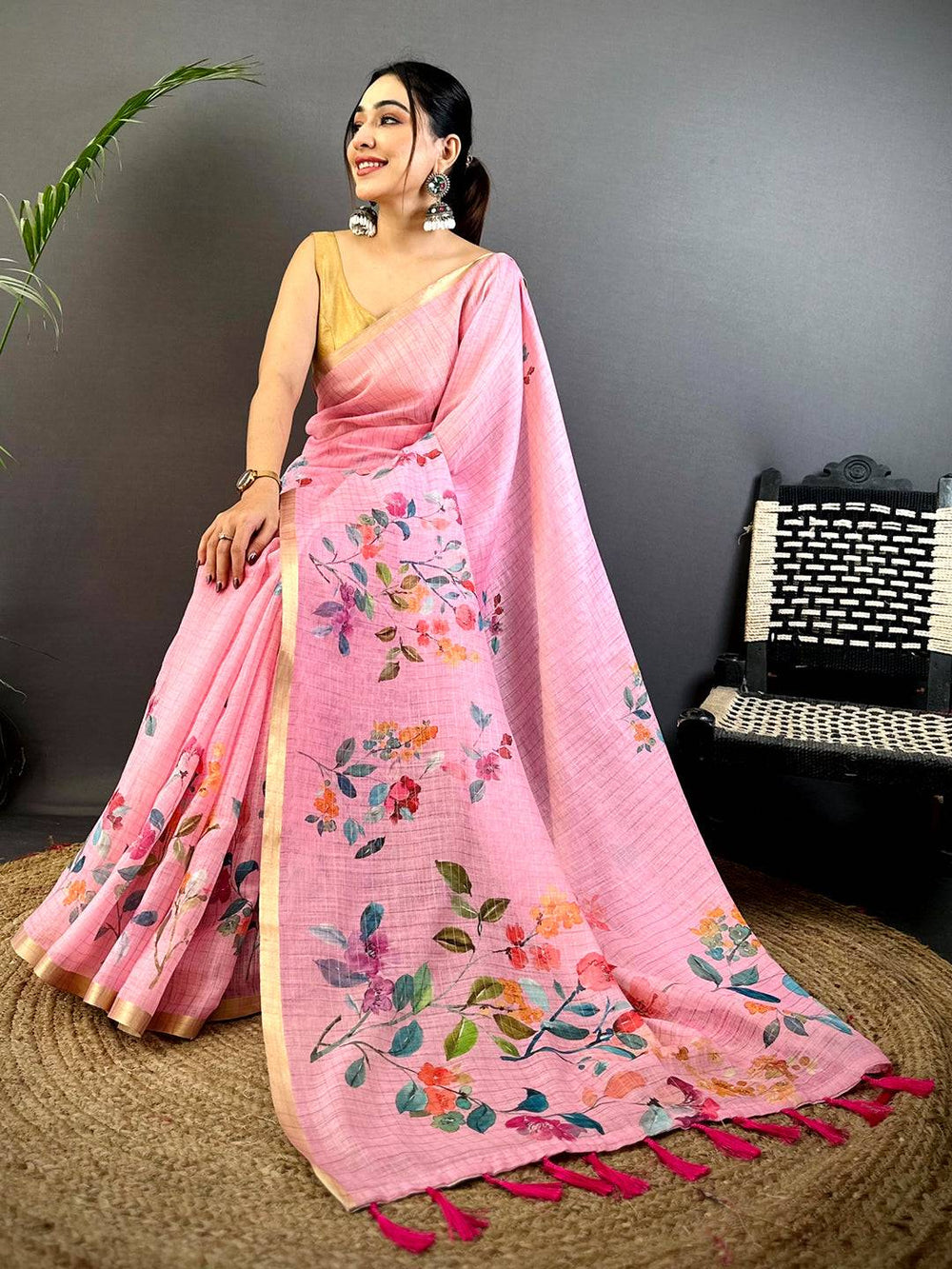 Pink Linen Chex Floral Saree