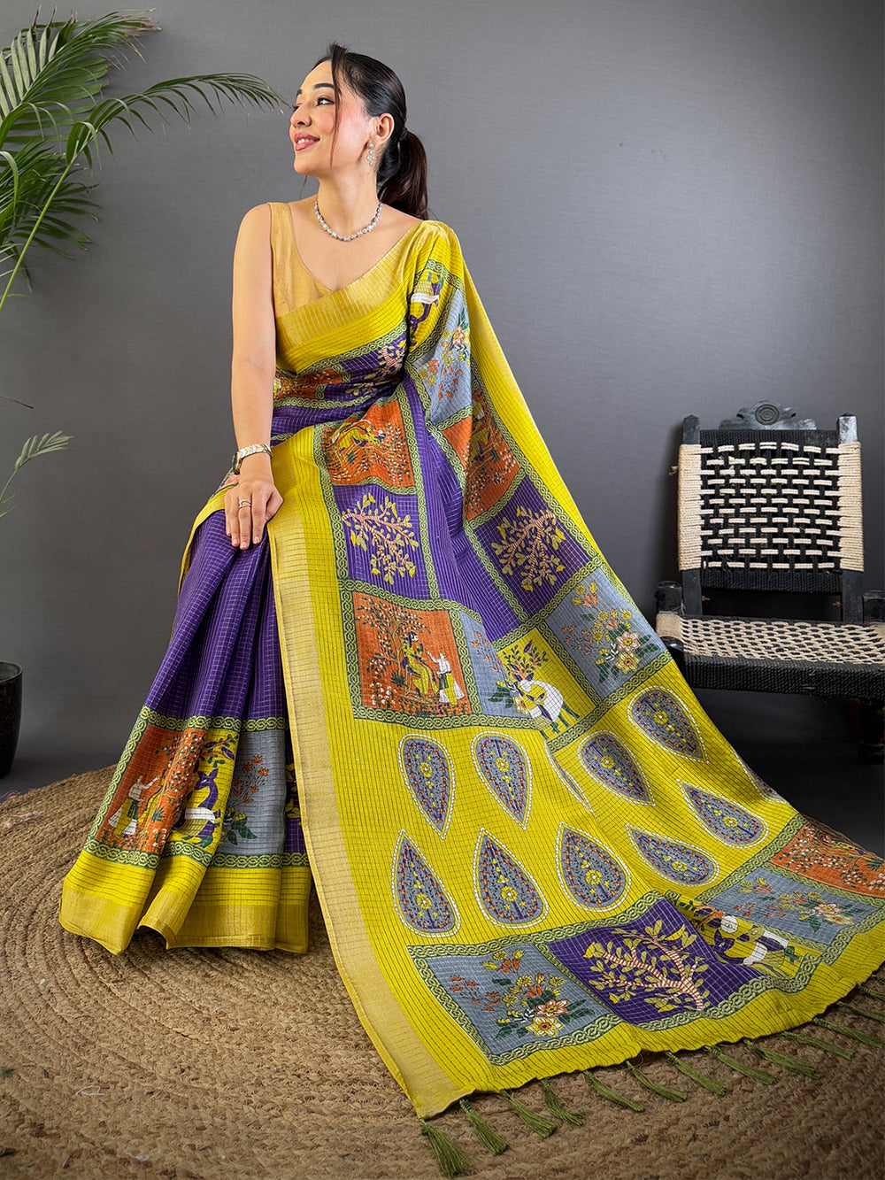 Royal Blue Tussar Kalalmkari Print Saree