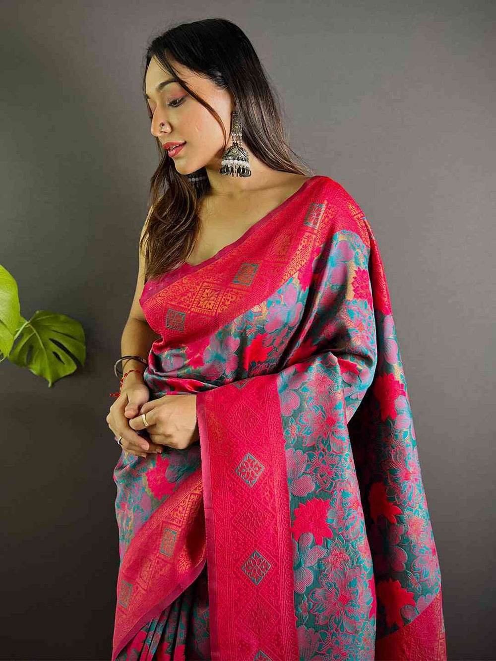 Rama Soft Silk Butta Weaving Saree draped elegantly