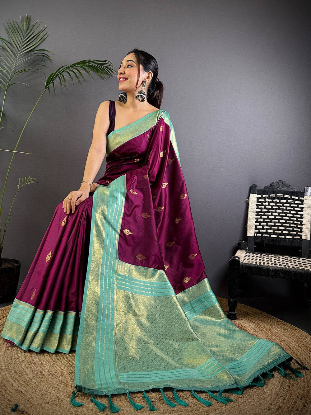 Royal Wine Soft Silk Tilak Butti Saree
