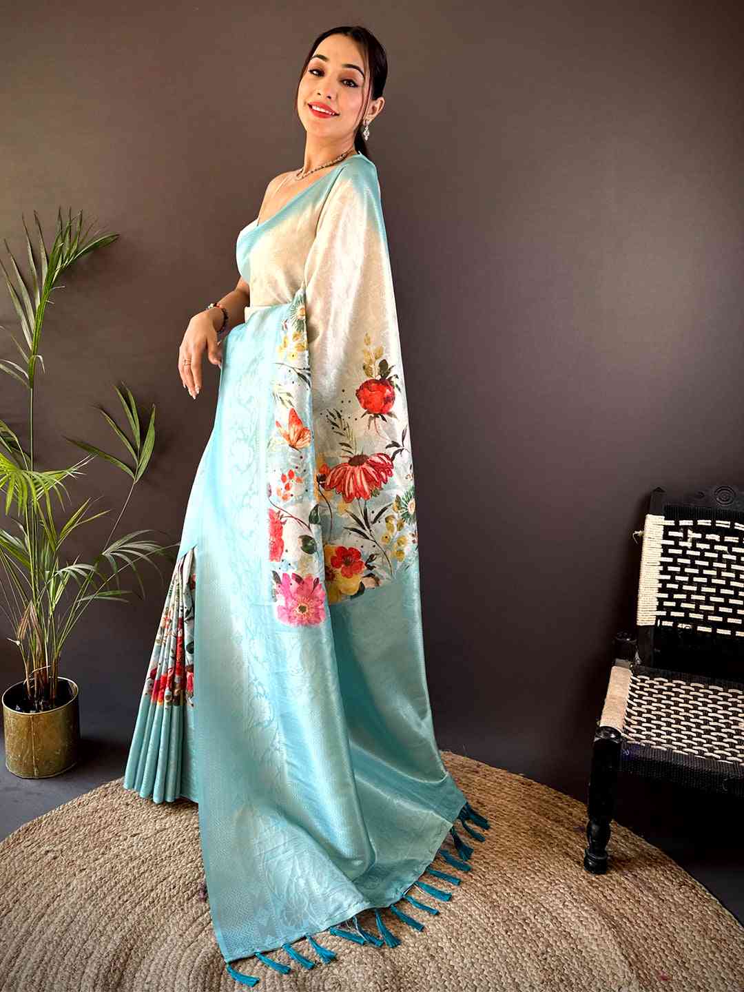 Ivory Kanjivaram Digital Silk Saree