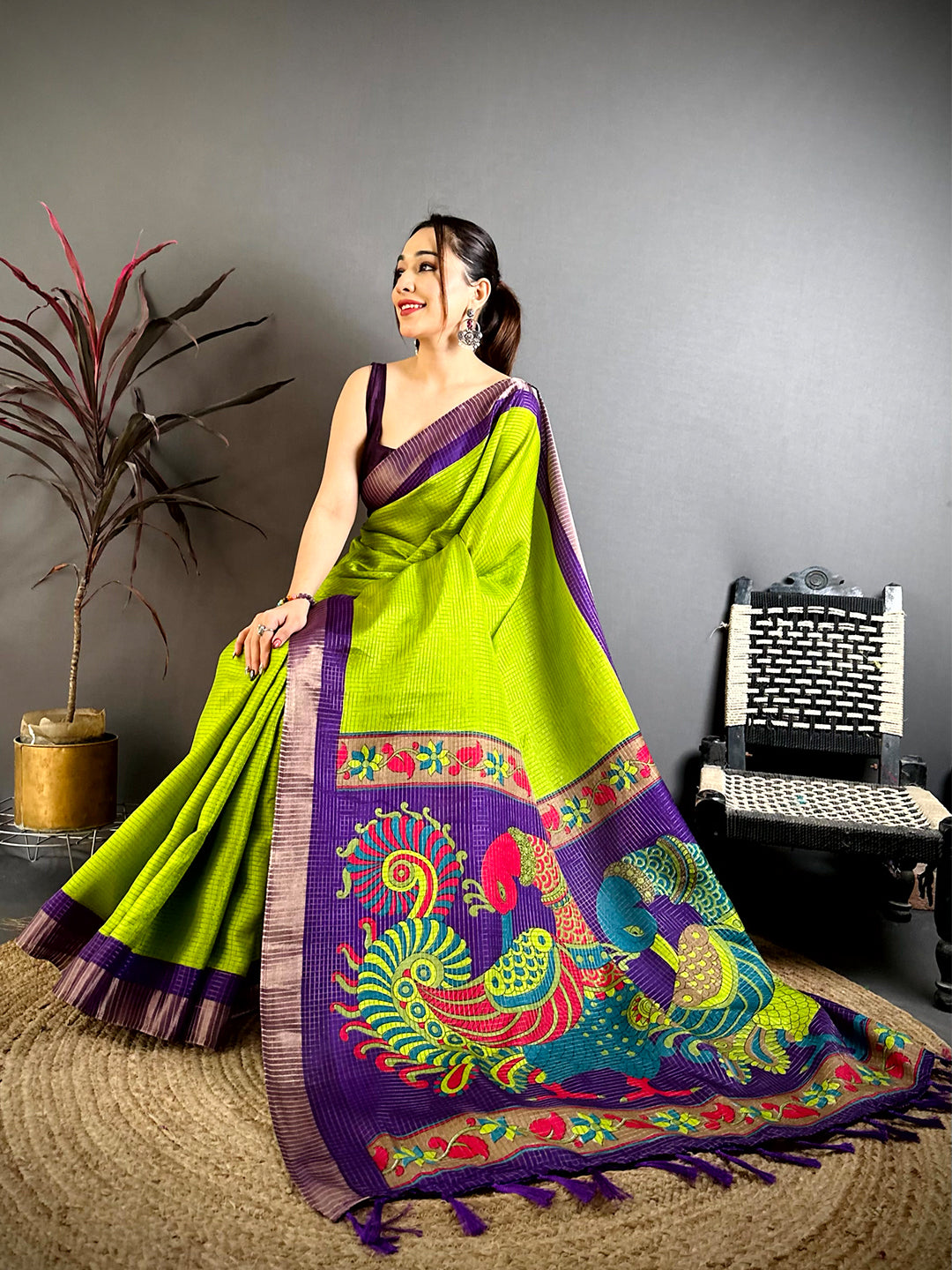 Parrot Green Tussar Zari Chex Kalamkari Saree