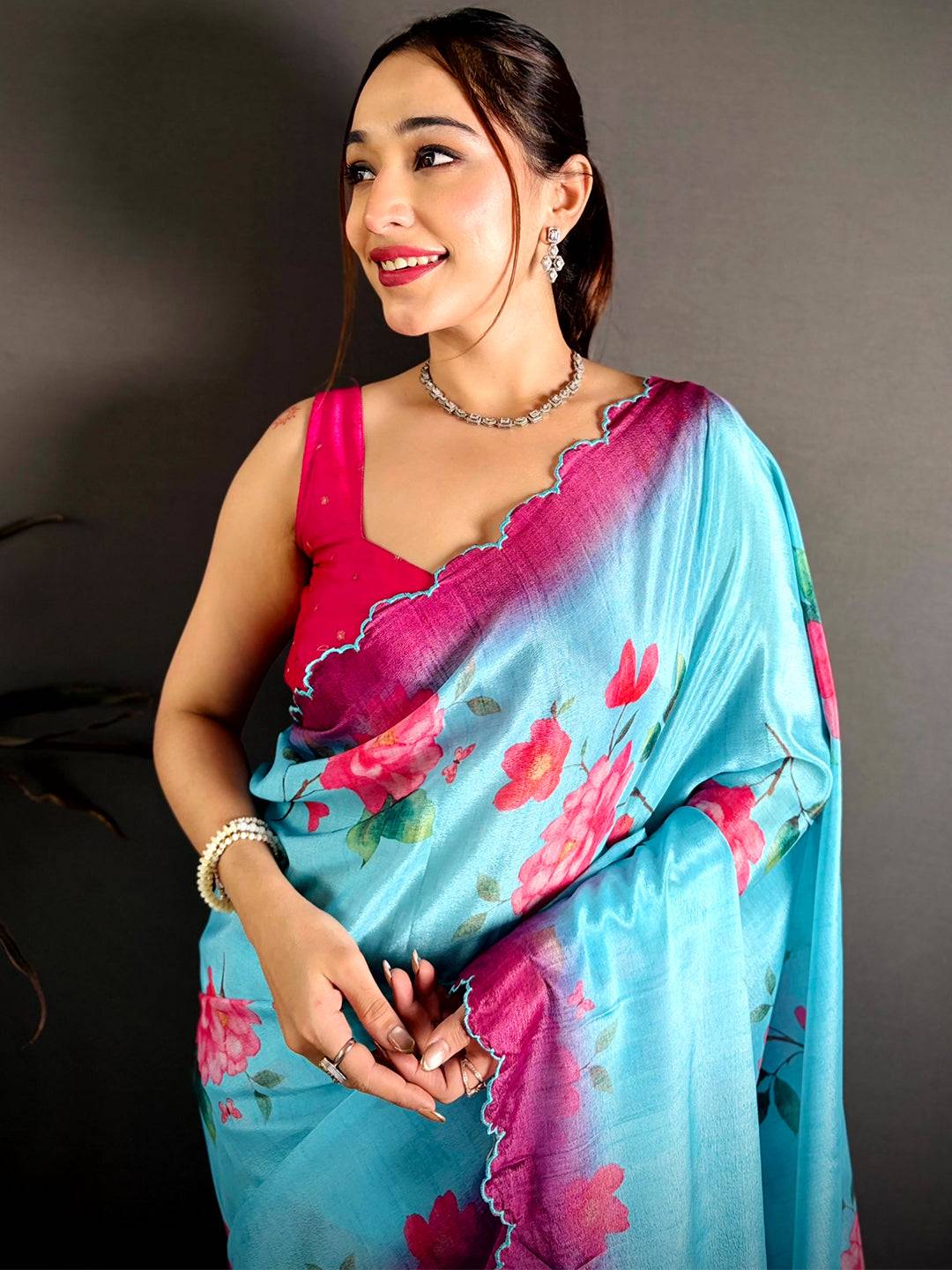 Aqua Chinnon Embroidered Border Saree