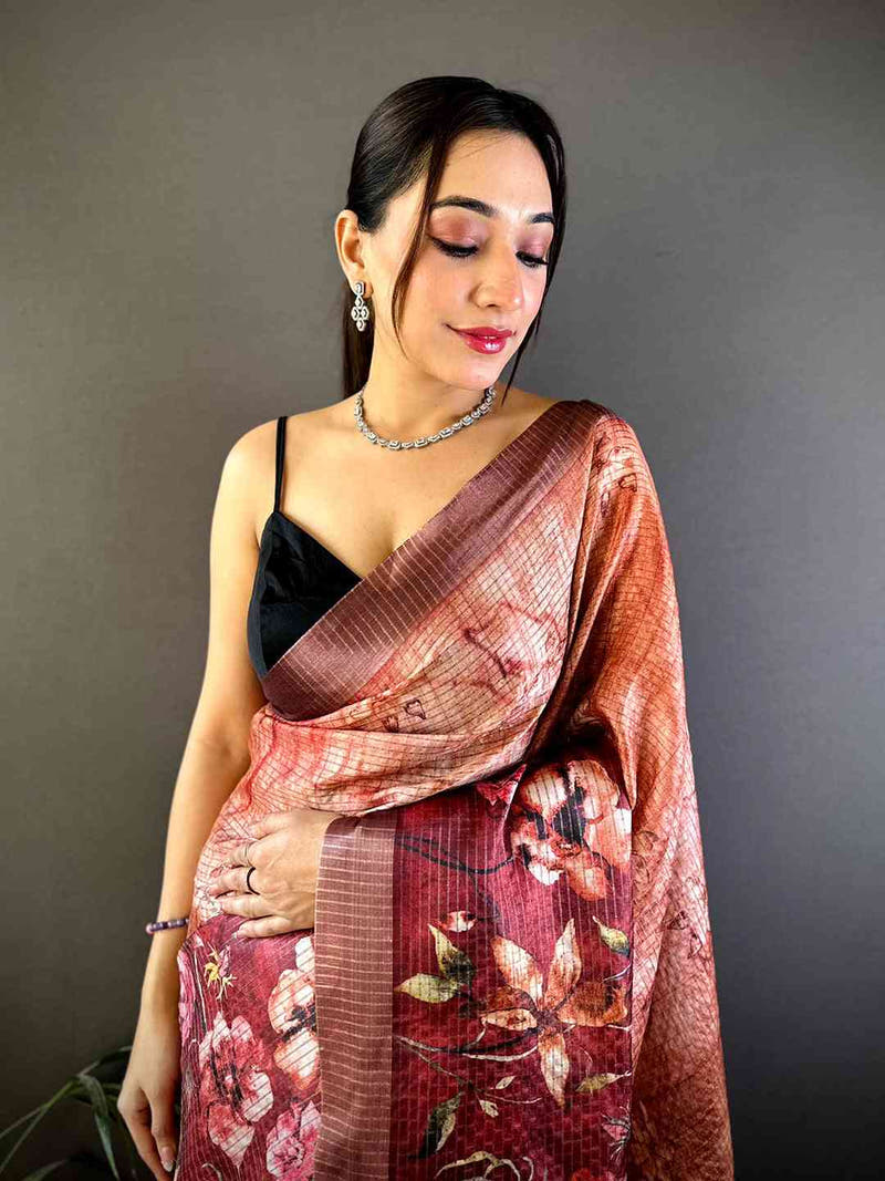 Rust Brown Tissue Chanderi Digital Check Saree
