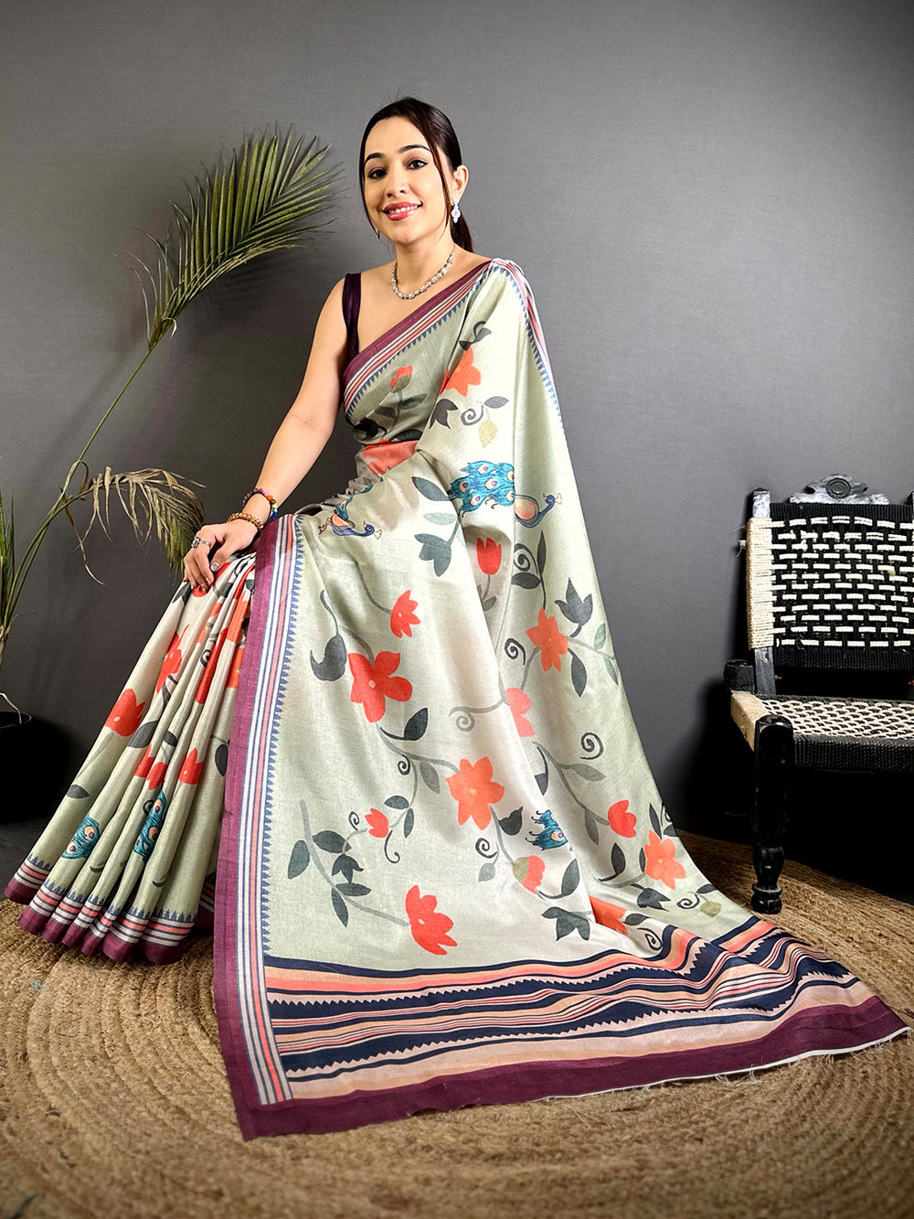 Pista Floral Tussar Ikkat Border Saree