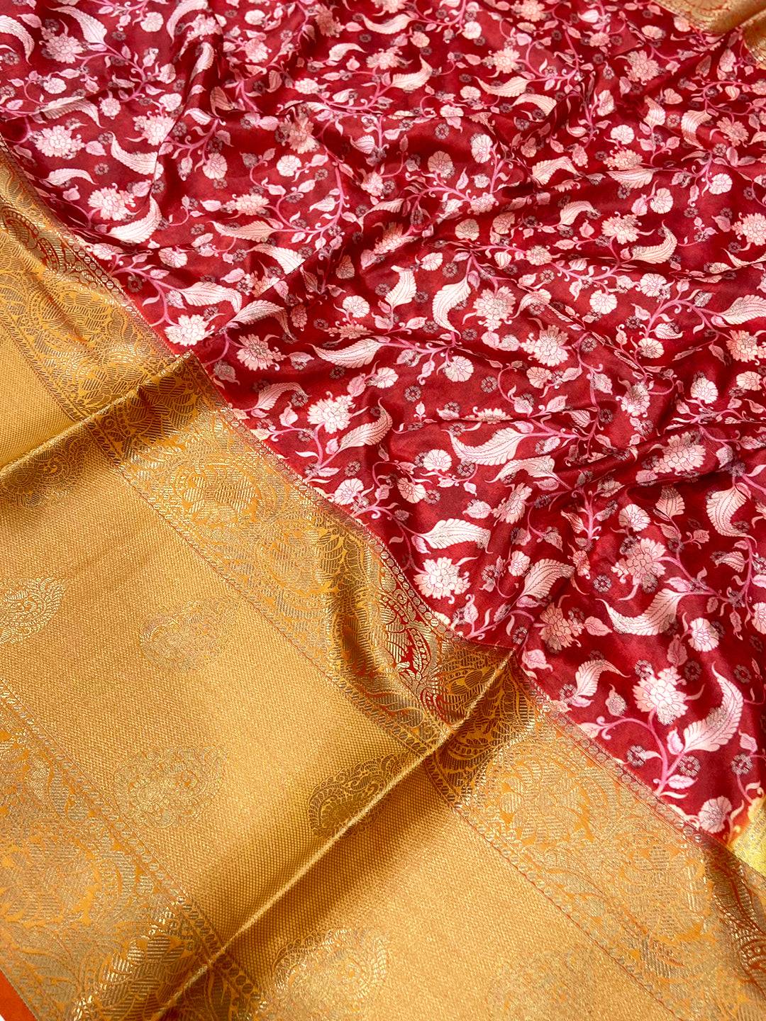 Red Floral Printed Banarasi Silk Saree