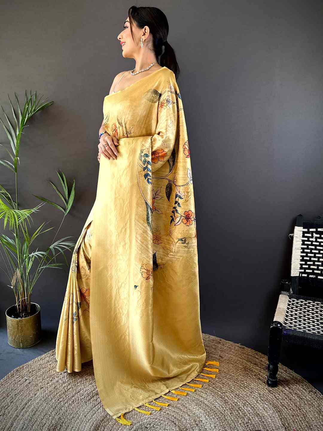 Mustard Kanjivaram Digital Silk Saree